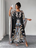 Plus Size - Plus Size - Plus Size Women'S Loose-Fitting Batwing Sleeve Printed Round Neck Dress - Black