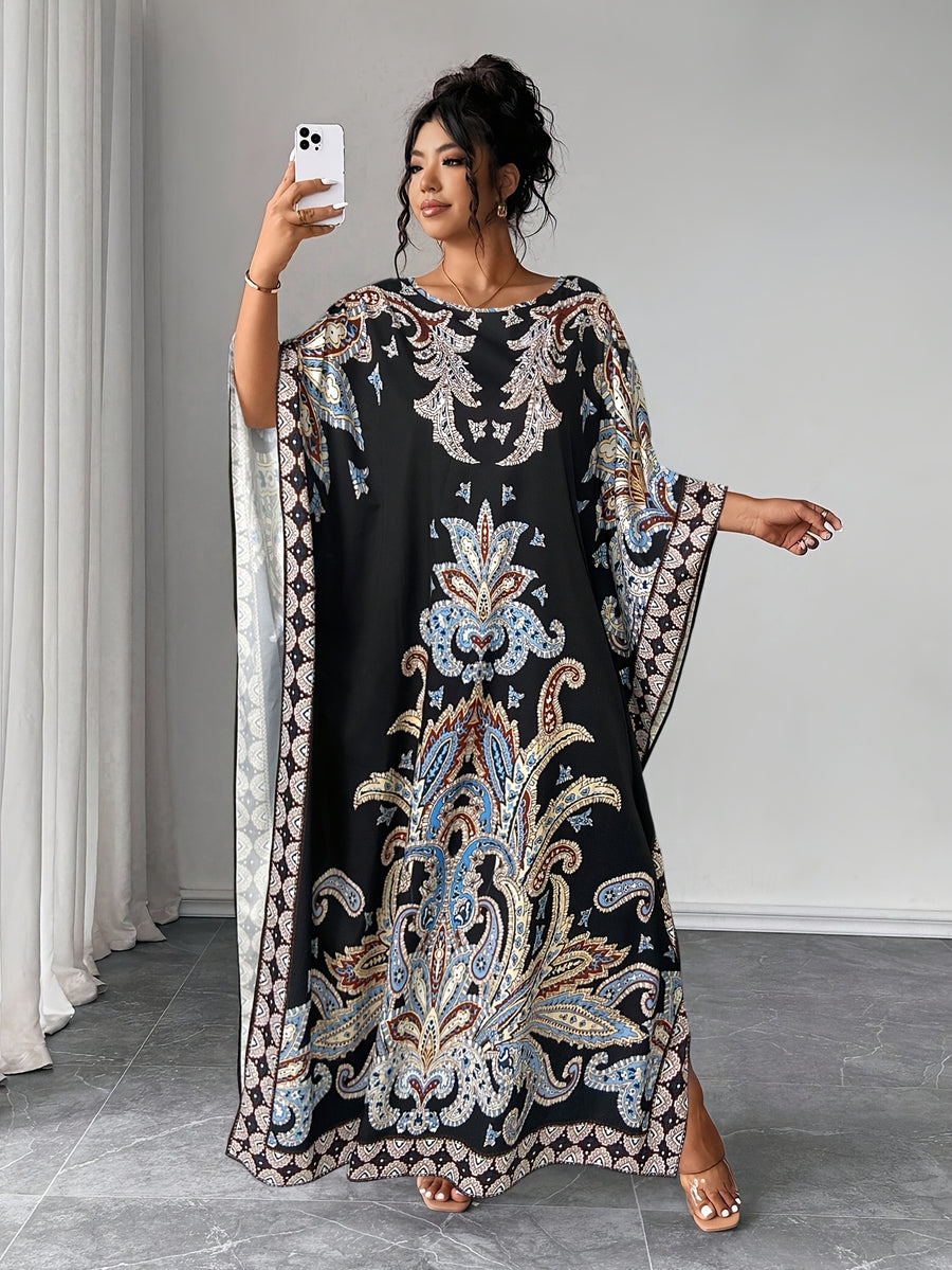 Plus Size - Plus Size - Plus Size Women'S Loose-Fitting Batwing Sleeve Printed Round Neck Dress - Black