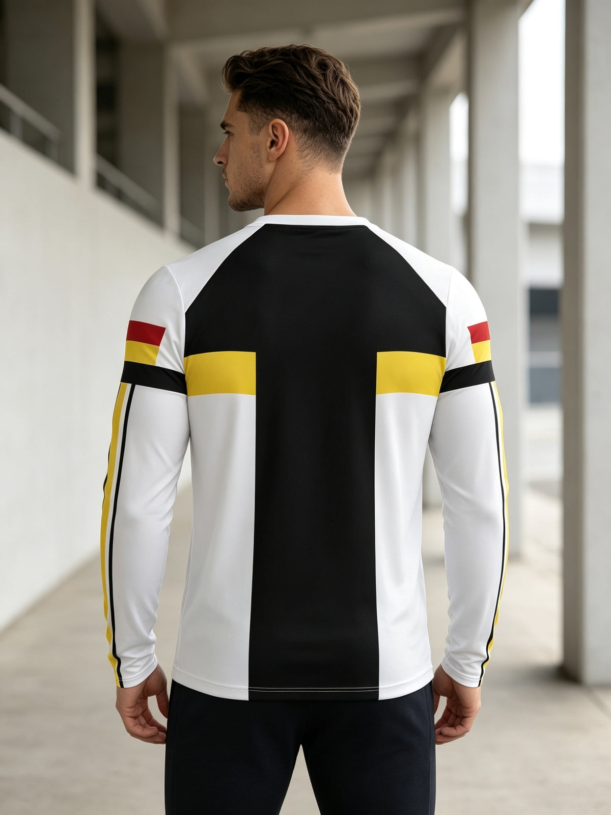 [Print Design - Not Textured] Men'S Vertical Block Color-Block Long Sleeve Soccer Jersey, Black White Yellow Red Arm Stripes Round Neck Top, New York Five-Star Rings Letter Print, Football Field Sports Training Autumn Casual Long Sleeve T-Shirt - Mixed colors