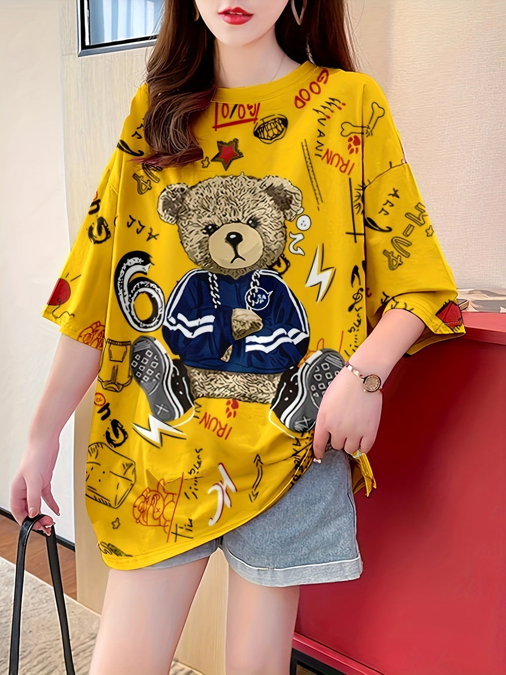 Summer New Large Size Loose Fashion Trend Slim Cartoon Round Neck Print Ladies Women'S Medium And Long Short-Sleeved T-Shirt Clothes - K180-Y