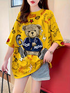 Summer New Large Size Loose Fashion Trend Slim Cartoon Round Neck Print Ladies Women'S Medium And Long Short-Sleeved T-Shirt Clothes - K180-Y