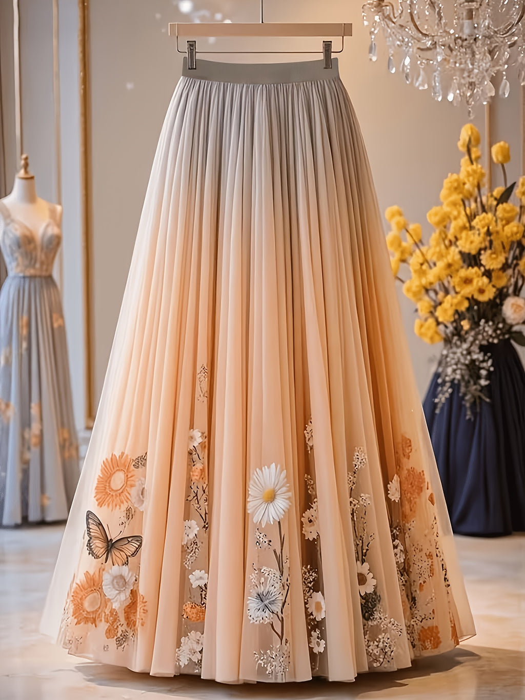 New Spring/Summer Women's Mesh Skirt with Butterfly Floral Print, Suitable for Banquets, Dates, and Vacation Outfits - Mixed colors