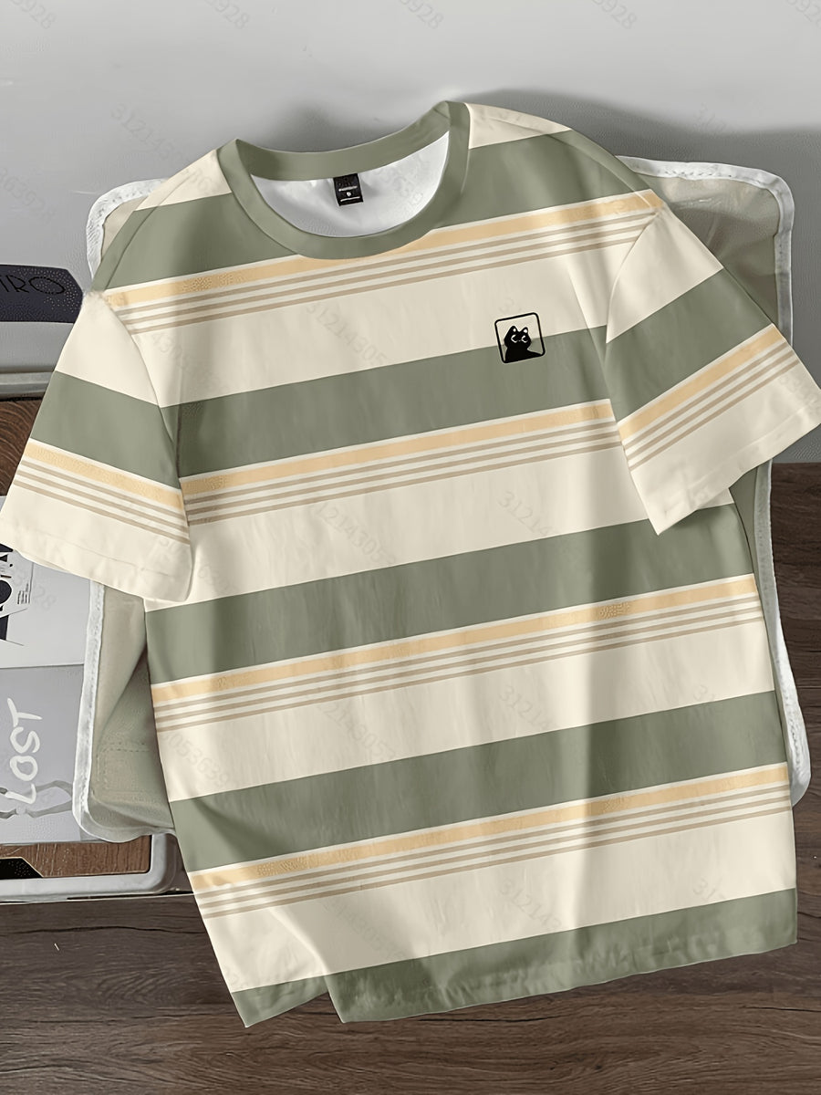 Men's Casual Striped Cuff Spliced Crew Neck Summer T-Shirt, Comfortable and Breathable [Printed Design - Not Textured] - Mixed Color 10
