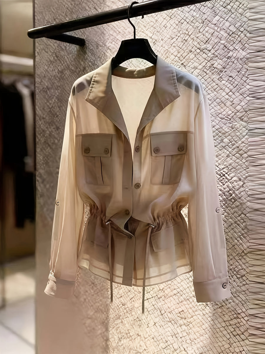 Drawstring Waist Chiffon Shirt, Lapel Collar with Cargo Pockets - Khaki