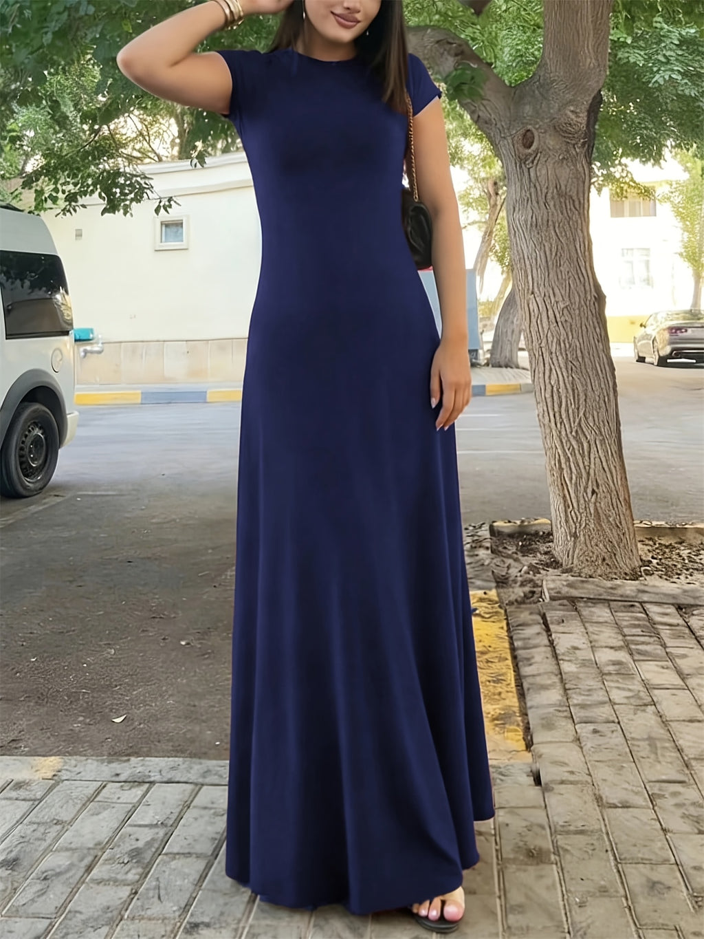 Summer A-Line Hem Long Skirt, Women'S Solid Color Round Neck Elegant Party Long Dress, Slim Fit Blue Long Skirt - Navy Color