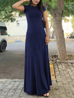 Summer A-Line Hem Long Skirt, Women'S Solid Color Round Neck Elegant Party Long Dress, Slim Fit Blue Long Skirt - Navy Color
