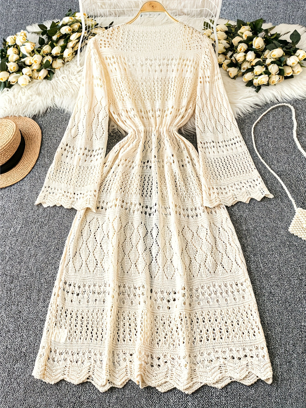 Women's Solid Color Beach Vacation Romantic Crochet Mesh Drawstring Tie Bow Cardigan Western Clothing - High-End - Apricot