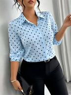 Women'S Polka Dot Long Sleeve Button-Up Shirt, Collar Style, Regular Fit, Non-Stretch Fabric, Suitable for Work And Casual Wear - Sky Blue
