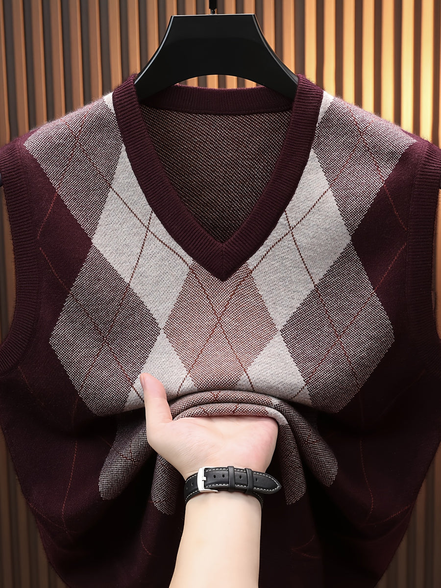Men's Fashionable Versatile Sleeveless Thermal Knit Vest - Red Brown