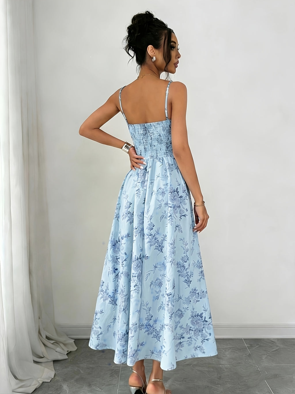 Elegant Printed Bohemian-style High-slit Zipper Dress for Women, Suitable for Weddings, Spring/summer Vacations, and Other Occasions, Elegant and Charming - Blue