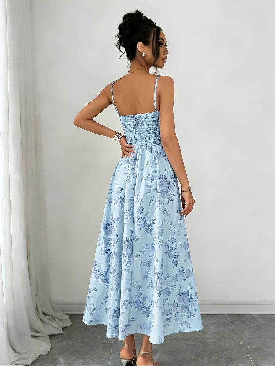 Elegant Printed Bohemian-style High-slit Zipper Dress for Women, Suitable for Weddings, Spring/summer Vacations, and Other Occasions, Elegant and Charming - Blue