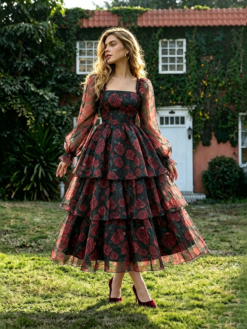 [Fashion Dress] Women'S Elegant And Beautiful Dress, Ruffle Design Comfortable And Breathable Summer Dress with Rose Print, Suitable for Daily Wear in Spring And Summer, Trendy And Versatile, Suitable for Various Occasions - Black