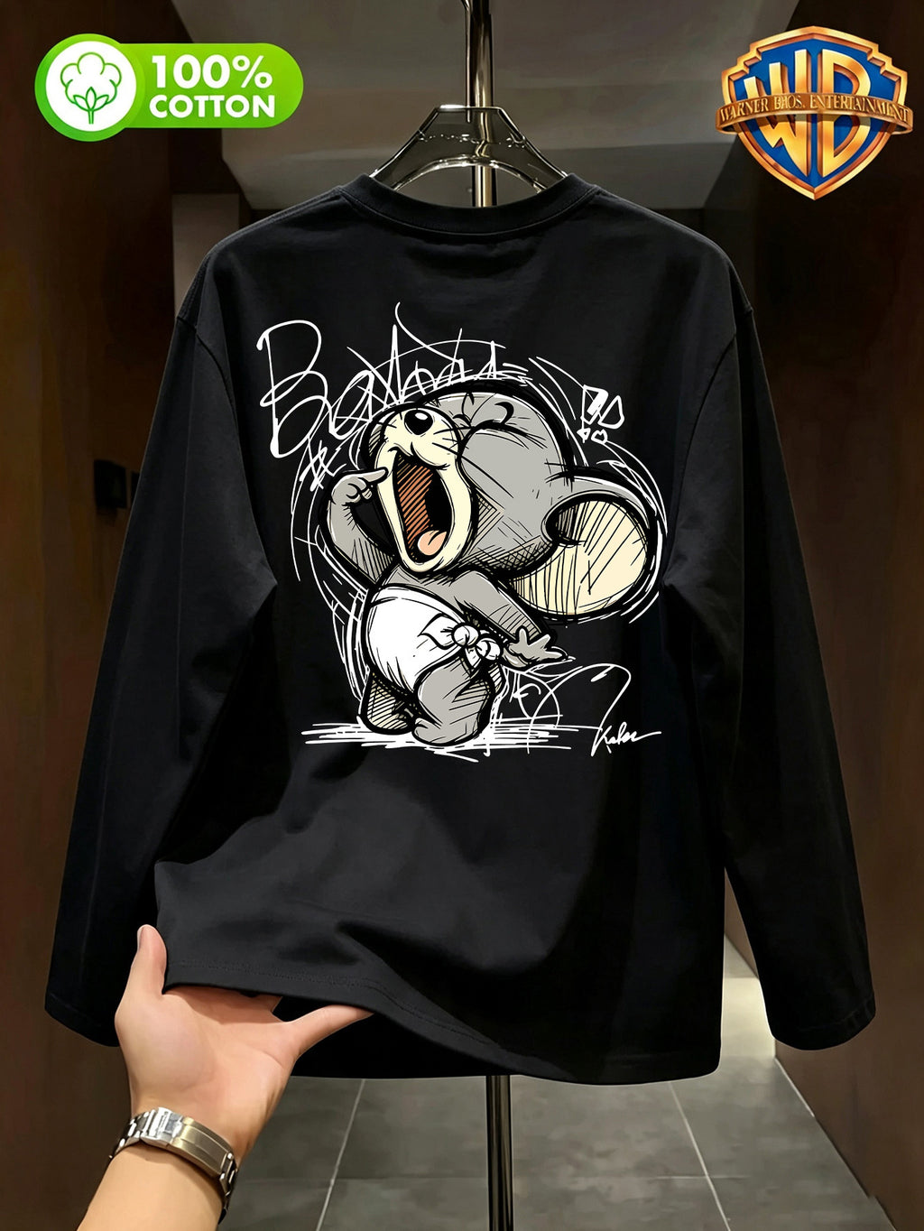 By Warner Bros., Printed 100% Pure Cotton T-shirt, Men's Comfortable and Versatile Loose Summer | Autumn | Winter Long Sleeved T-shirt, Suitable for Outdoor Sports, Gym and Multi-functional Sports Casual Loose Wear - Black