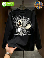 By Warner Bros., Printed 100% Pure Cotton T-shirt, Men's Comfortable and Versatile Loose Summer | Autumn | Winter Long Sleeved T-shirt, Suitable for Outdoor Sports, Gym and Multi-functional Sports Casual Loose Wear - Black