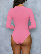 Basic Ribbed Bodysuit with Long Sleeves, Round Neck, Form-Fitting Design, Suitable for Wearing As a Versatile Layering Top - Rose Red