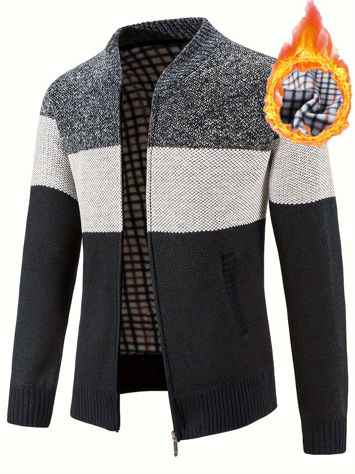 Men'S Casual High Neck Fleece Jacket, Color Block Knit Cardigan, Mid Stretch Zip-Up Fall/Winter Outerwear, Regular Fit with Placket Closure, Thick - Navy Color