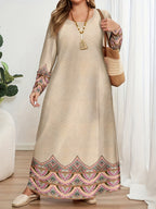 DJ0416068 Middle East Special Round Neck Long Sleeve Elegant Printed Abaya Dress - Apricot