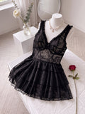 Plus Size French-Style Lace Camisole Multi-Layer Ruffle Cake Dress with V-Neck, Ruffle Spaghetti Straps, Small Bow Decoration on the Bust, Openwork Back, Sweet and Sexy Style, Lightweight and Breathable Mesh Loungewear, Date Atmosphere - Black