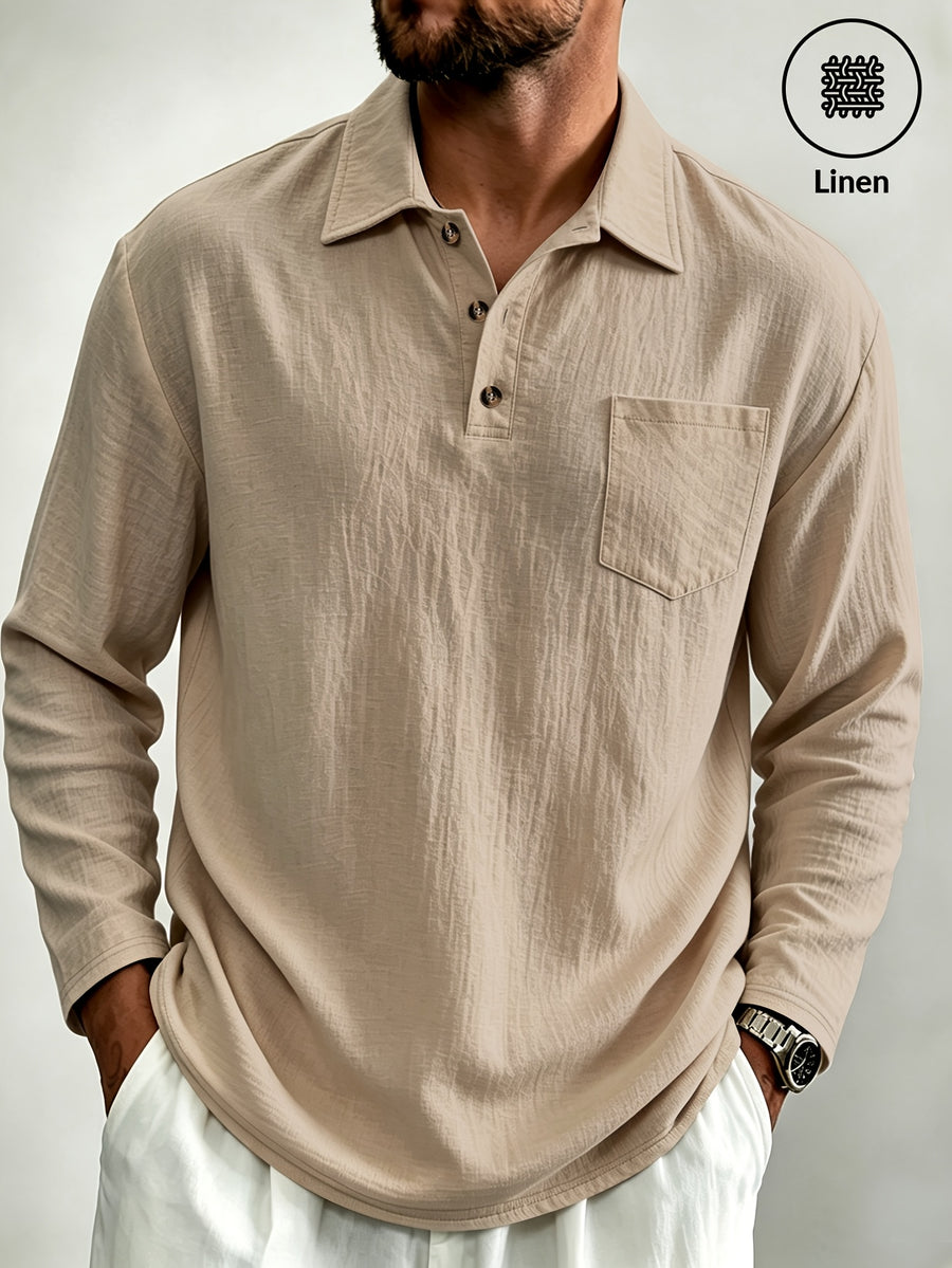 Men's Linen Long-Sleeve Polo ShirtTurn- Collar Three-Button Top with Chest Pocket, Loose Casual Daily T-Shirt - Khaki