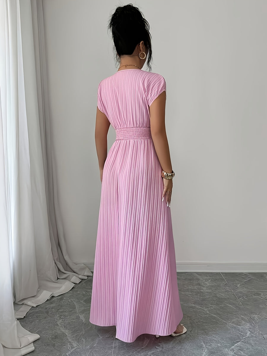 Women'S V-Neck Sleeveless Midi Dress, Textured Fabric, Waist-Cinching Design, Elegant Vacation Style, Spring/Summer Collection [Gavin] - Pink