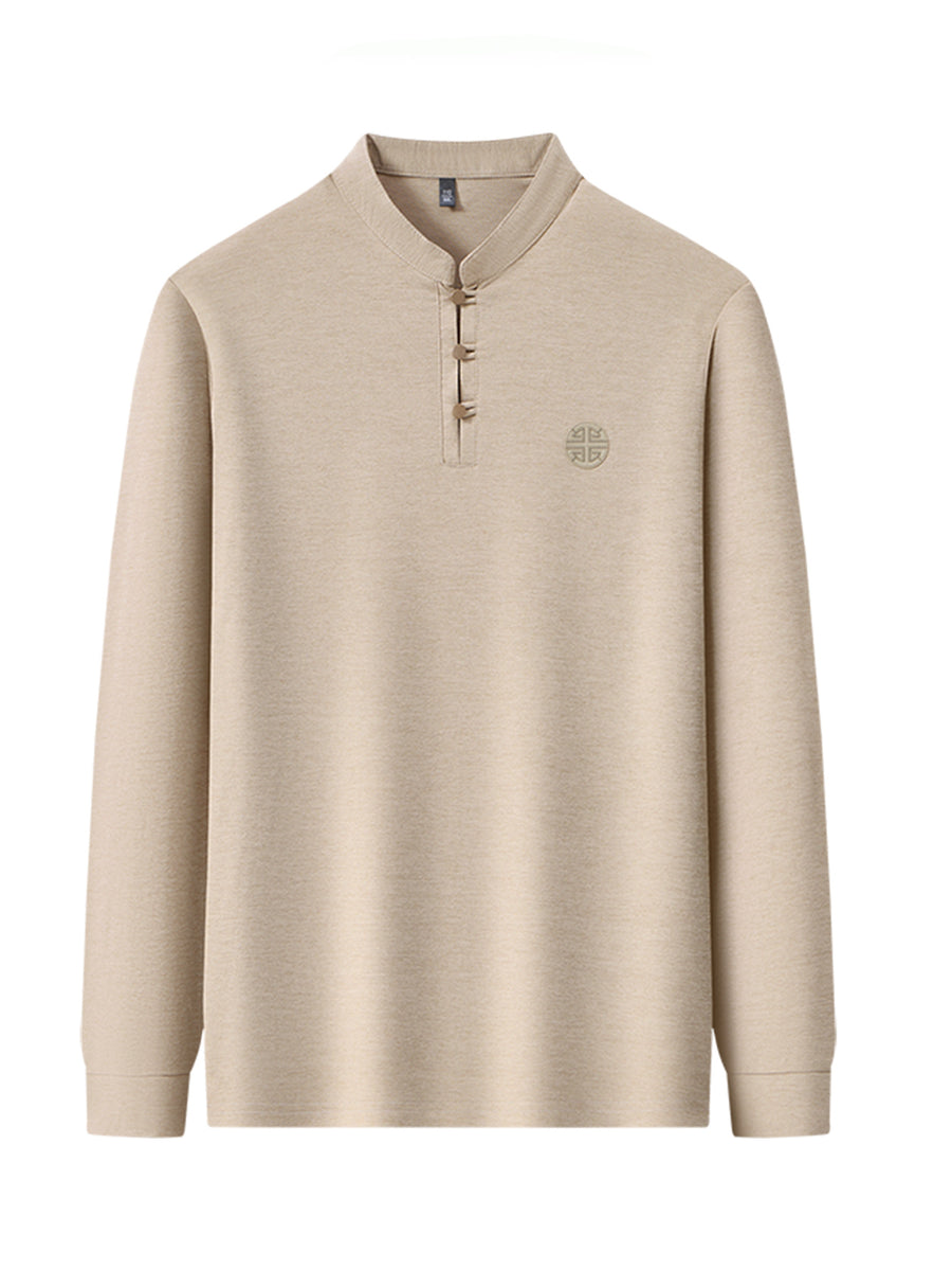 Spring/Autumn New Arrival Access Control Three-Button Chinese Hero Ancient Style Long Sleeve Stand Collar Men's T-Shirt, Stylish Casual Thin Novelty Men's Top, Refreshing Quick-Drying, Durable Skin-Friendly Chinese Clothing JC8923 - Khaki