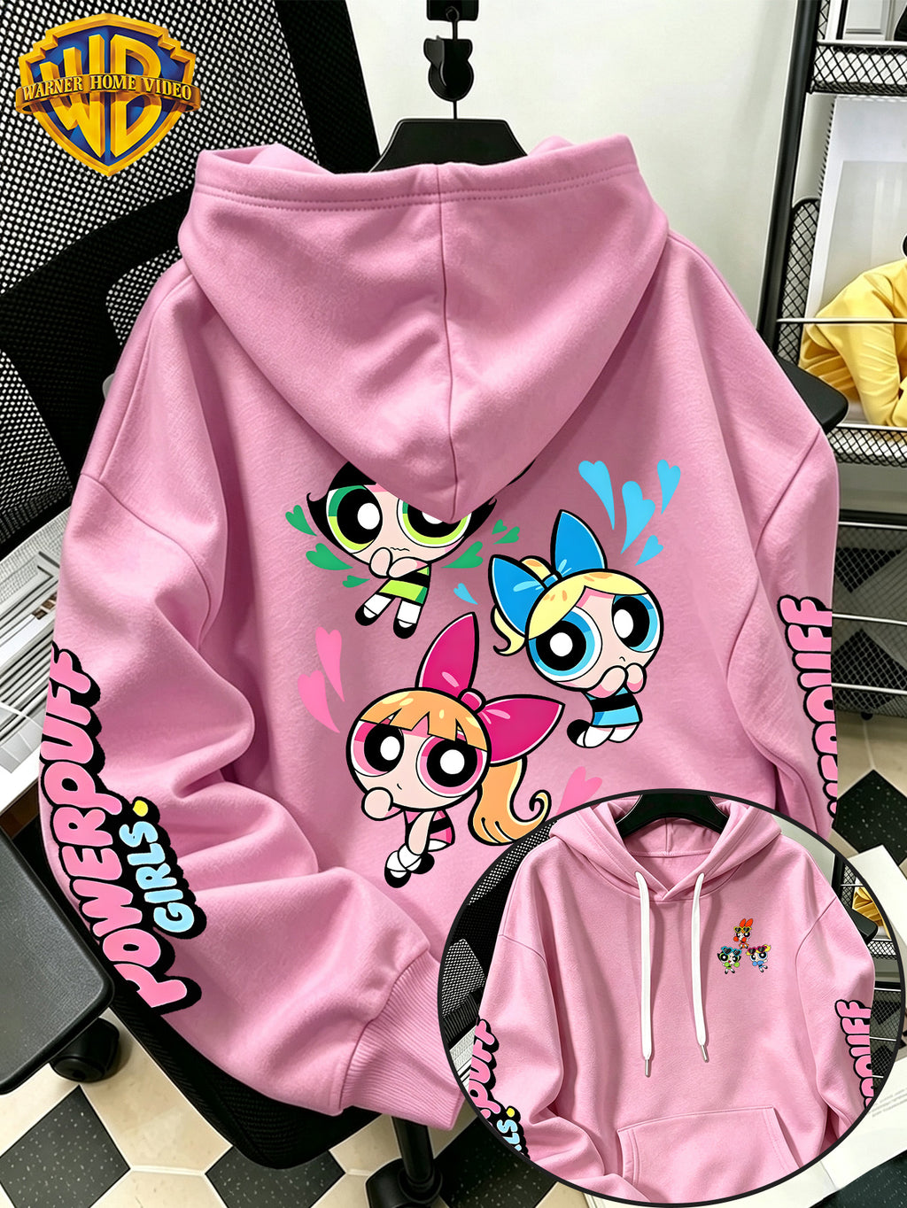 [Warner Bros] Officially Licensed Cute Powerpuff Heart Pattern Print Hoodie - Men'S Fashion Sweatshirt, Adjustable Drawstring Loose Comfortable Hoodie, Suitable for Daily And Outdoor Wear, Perfect Choice for Warmth in Autumn And Winter! Unisex - Pink Color