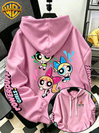 [Warner Bros] Officially Licensed Cute Powerpuff Heart Pattern Print Hoodie - Men'S Fashion Sweatshirt, Adjustable Drawstring Loose Comfortable Hoodie, Suitable for Daily And Outdoor Wear, Perfect Choice for Warmth in Autumn And Winter! Unisex - Pink Color