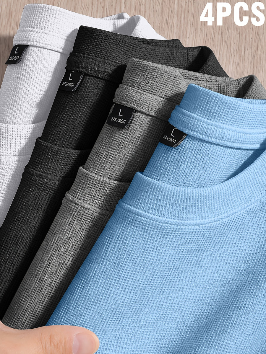 Versatile Summer Casual Small Waffle Grid Cool Short-Sleeved T-Shirt 4pcs Set - Light Blue+Medium Gray+Black+White