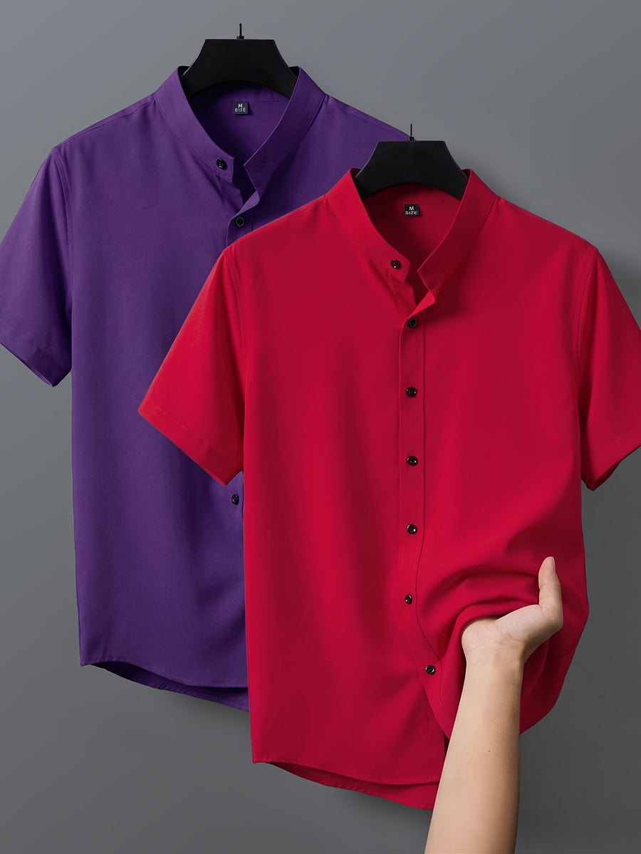 2pcs Men's Short-Sleeve Shirts, Henley/Stand-Up Collar Design, Summer Casual Outerwear - Style8