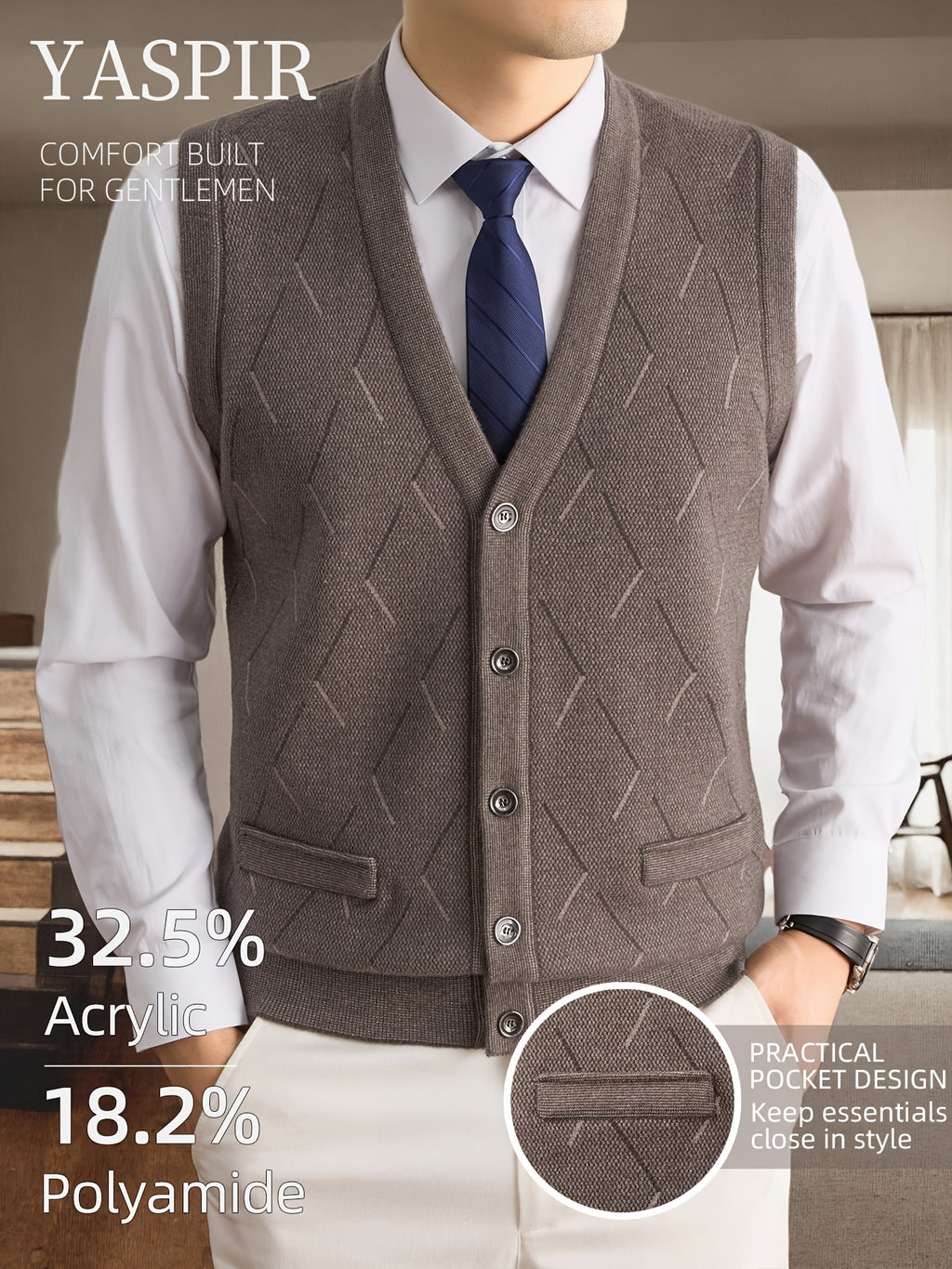 Men's Fall Winter Knit Vest with Elegant Open Front Design and Dual Pockets. Classic Old Money Style with Warmth and Comfort, Perfect for Business Casual, Daily Wear, Outdoor Activities, and Travel. A Stylish Gift Choice for Dad or Husband. - Camel