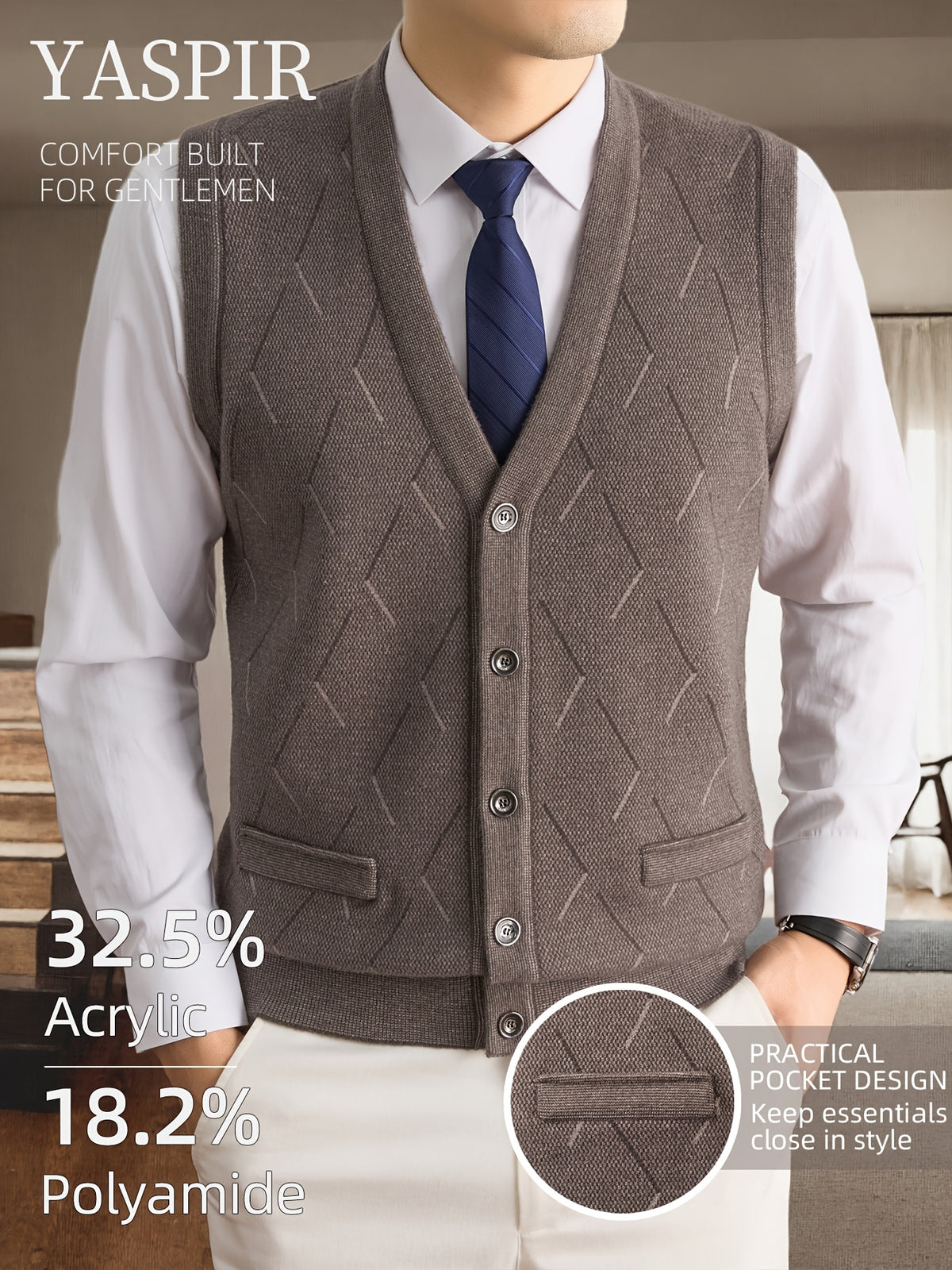 Men's Fall Winter Knit Vest with Elegant Open Front Design and Dual Pockets. Classic Old Money Style with Warmth and Comfort, Perfect for Business Casual, Daily Wear, Outdoor Activities, and Travel. A Stylish Gift Choice for Dad or Husband. - Camel