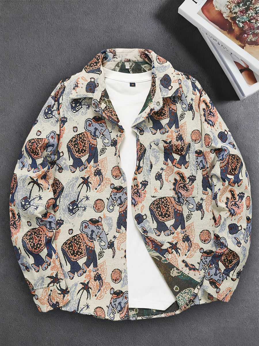 Men'S American Retro All-Over Floral Woven Teddy Bear Shirt Jacket, Men'S Autumn Premium Trendy Brand Bad Boy Influencer Casual Shirt - Elephant