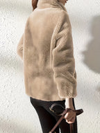 Solid Color Plush Coat, Stand Collar Thick Warm Zipper Drawstring Loose Women'S Coat - Khaki