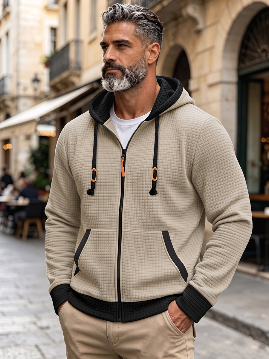 Autumn/Winter Men's Thickened Jacquard Long-Sleeve Hooded Cardigan Jacket, Fashionable Plaid Jacquard Textured Fabric, Comfortable Outerwear Suitable for Daily Outings, Outdoor Sports, Travel, and Vacations. Lightweight and Comfortable with a Regular - Khaki