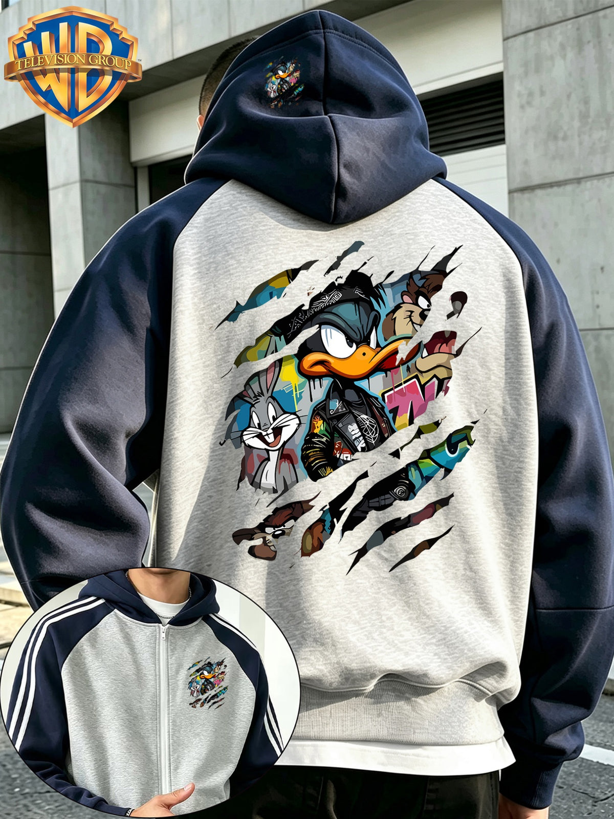 New Autumn/Winter Men's Hooded Jacket, Streetwear Trendy Casual Versatile Color-Block Patchwork Outerwear, Classic Cartoon Character Graffiti Print, High Street Fashion Brand Loose Fit Couple's Sweatshirt, Suitable for Casual Homewear and Outdoor - Light Twist Gray