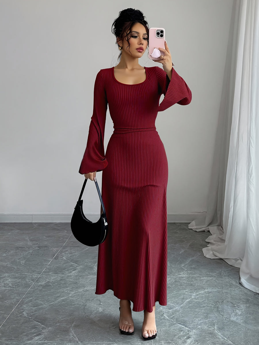 Women'S Solid Ribbed Flared Sleeve Back Tie Traditional Long Dress Elegant Long Dress - Burgundy