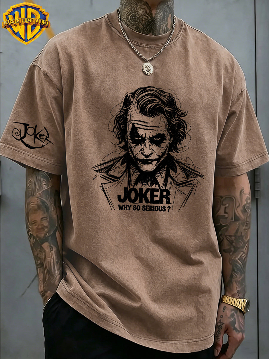 By Warner Bros, Men's Short Sleeved Clown Sketch Why So Serious Pattern, Trendy Men's  Print, Vintage Washed T-shirt, Suitable for Outdoor Sports, Daily Commuting, Versatile Trendy Top - Coffee Brown