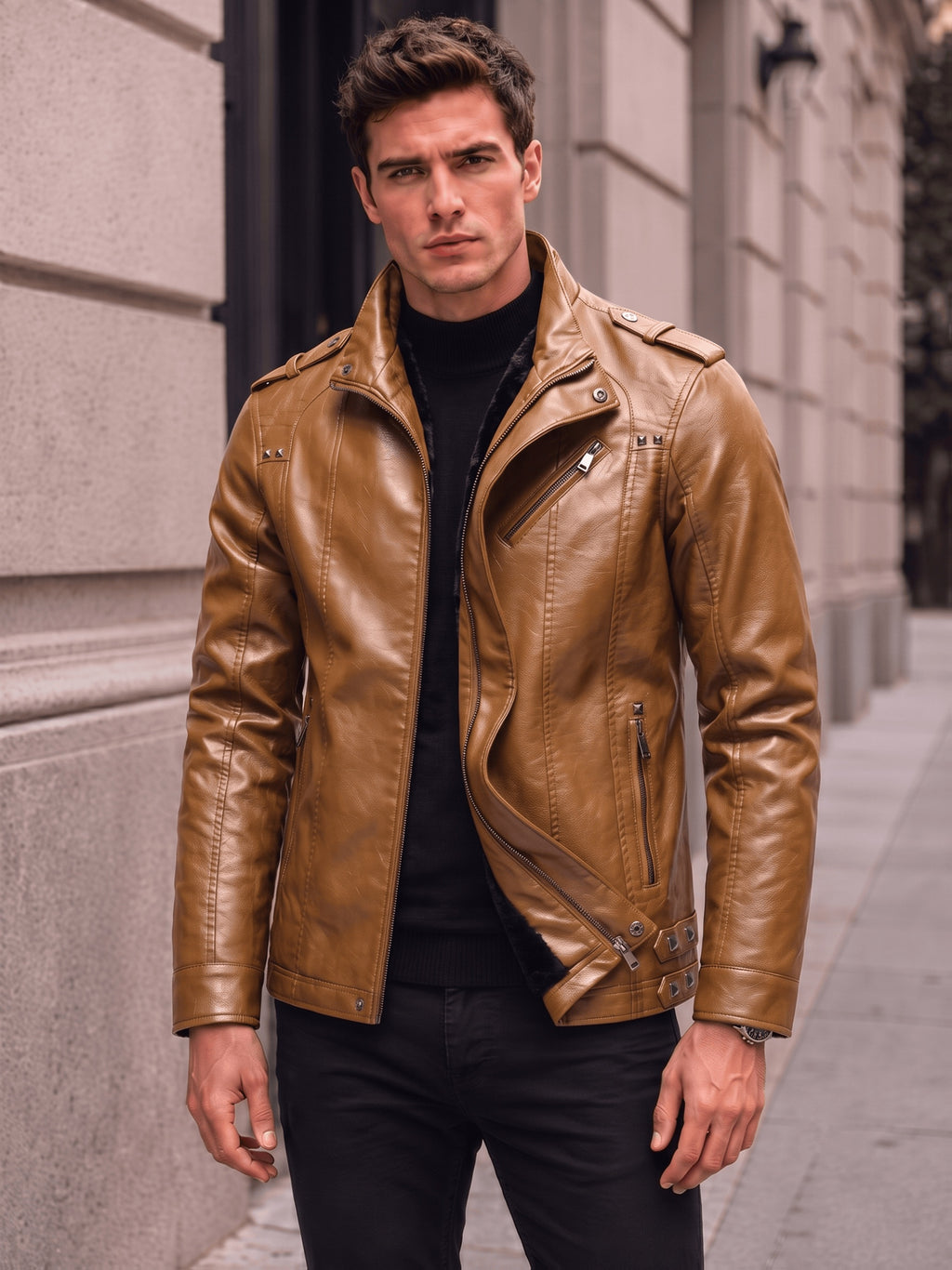 Men's PU PU Leather Biker Jacket with Warm Plush Lining, Stand Collar, Asymmetrical Zip Front, Multiple Zipper Pockets, Shoulder Tabs and Stud Accents for Fall/Winter  Commuting, Travel, Streetwear, Dating and Daily Wear - Khaki