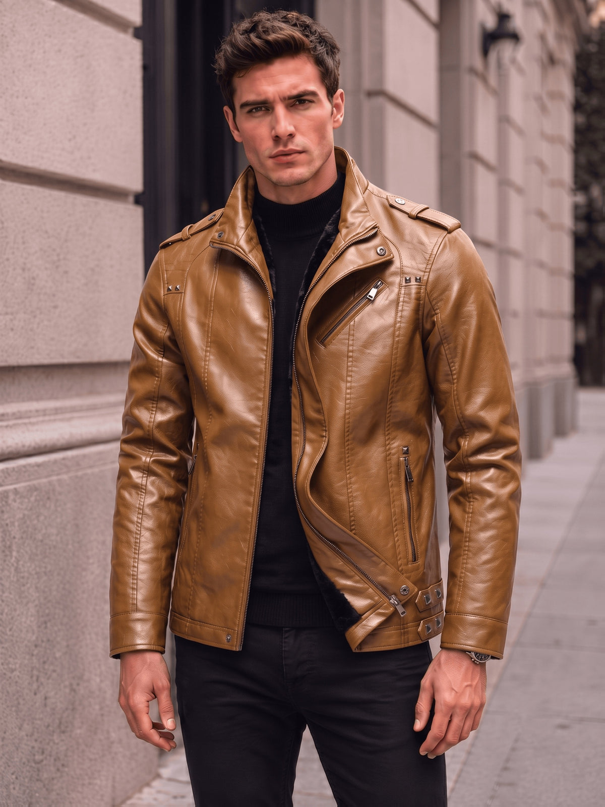 Men's PU PU Leather Biker Jacket with Warm Plush Lining, Stand Collar, Asymmetrical Zip Front, Multiple Zipper Pockets, Shoulder Tabs and Stud Accents for Fall/Winter  Commuting, Travel, Streetwear, Dating and Daily Wear - Khaki