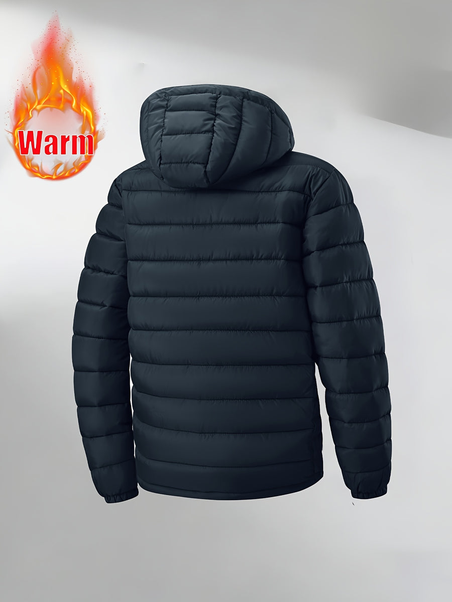 Autumn/Winter Men's Lightweight Zipper Hooded Jacket, Windproof and Warm Outdoor Hiking Travel Casual Jacket, Business Casual Short Padded Coat, Winter Inner Layer Top - Navy blue color