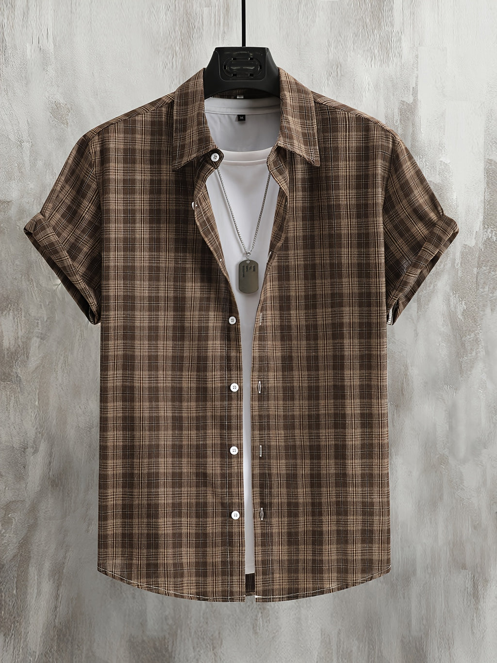 Men'S Casual Preppy Style Plaid Print Basic Color Short Sleeve Collared Shirt, Spring Summer Loose Fit Short Sleeve Checkered Pattern, Button-Front Closure, Classic Collar, Suitable for Casual And Semi-Formal Wear - Dark Brown