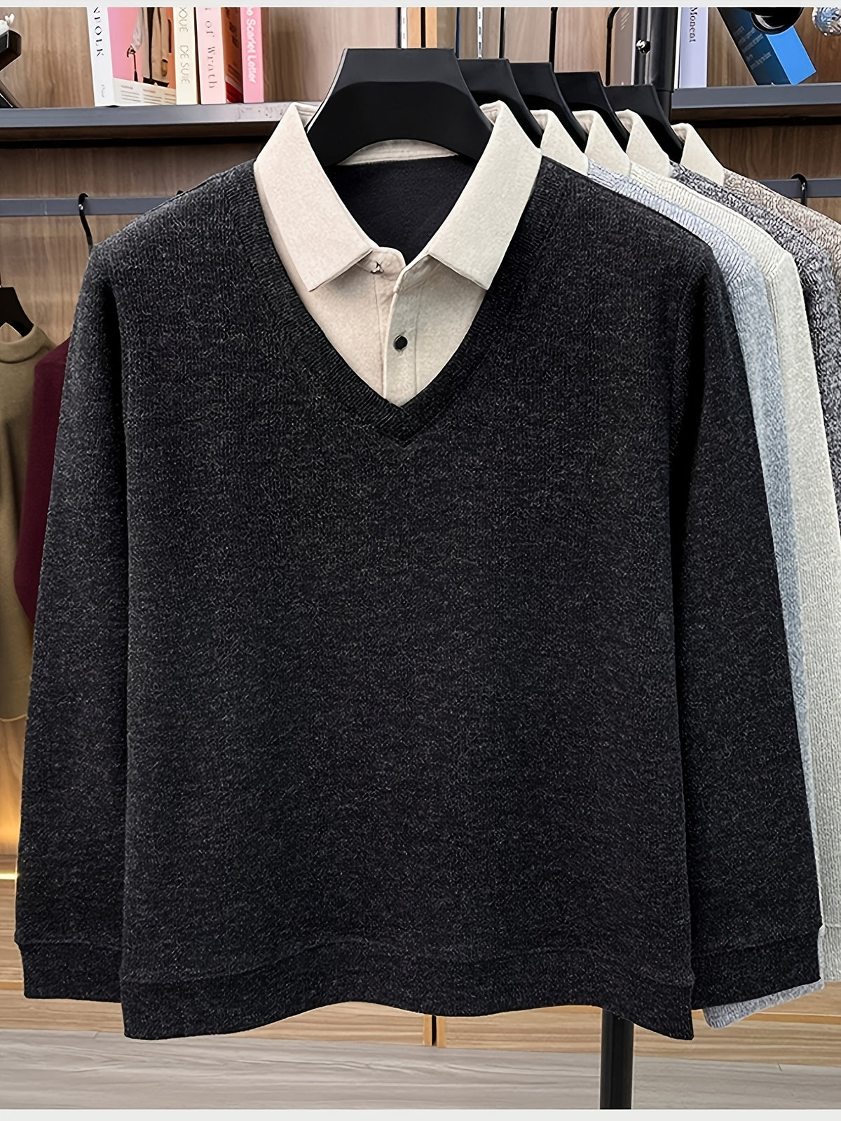 Men'S Autumn V-Neck Faux Two-Piece Pullover Sweater Top, Shirt Collar Patchwork Sweater, Casual Sportswear Top, Warm And Comfortable, Autumn Business Casual Daily Travel Commute Gift Choice, Knit - Deep Grey