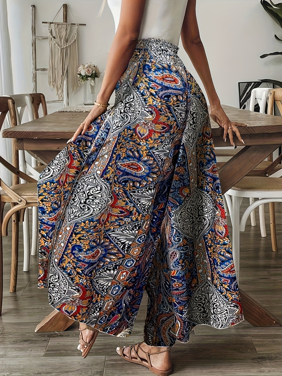 Women's Paisley Print High-Waisted Wide-Leg Pants, Elegant Non-Stretch Fabric + Dense Hem Gathering Craftsmanship, Loose Fit for Spring, Summer, and Autumn, Paisley Print Wide-Leg Pants with Hip-Covering Effect, Ideal for Vacation Photoshoots - Navy Color