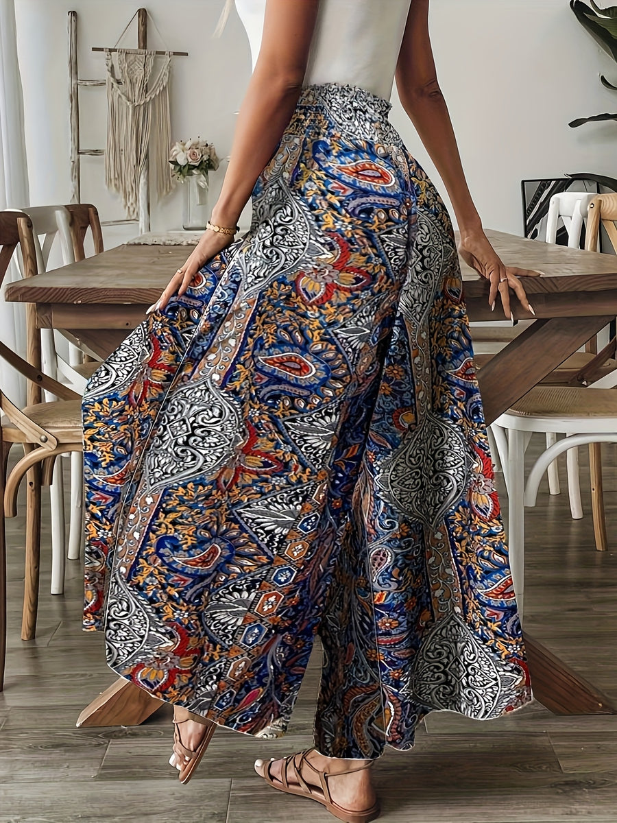 Women's Paisley Print High-Waisted Wide-Leg Pants, Elegant Non-Stretch Fabric + Dense Hem Gathering Craftsmanship, Loose Fit for Spring, Summer, and Autumn, Paisley Print Wide-Leg Pants with Hip-Covering Effect, Ideal for Vacation Photoshoots - Navy Color