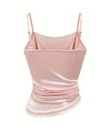 [Development WY260120078] Women's Satin Irregular Hem Side Gathers Daily Fashion Commuting Vacation Camisole Top - Light Pink Color