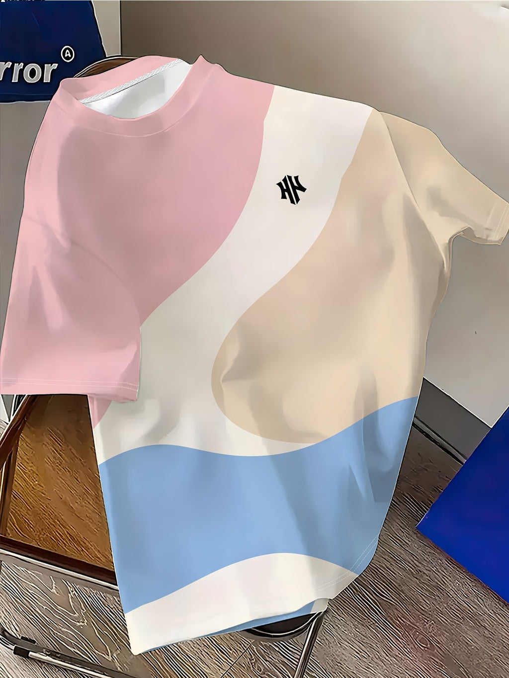 Abstract Print T-Shirt, Suitable for Summer Outings, Fresh And Pleasant Men'S Color-Block Patchwork Abstract Print T-Shirt, Ideal for Summer Travel, Fresh Dopamine Colors [Print Design-Not Textured] - Mixed colors