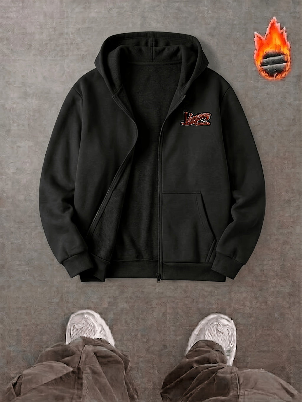 Men's Spring/Autumn Heavyweight Hooded Zip-Up Sweatshirt with Vintage Letter Print, Drawstring Cardigan Jacket, Three-Dimensional Cut with Kangaroo Pocket for a Slimming and Versatile Look, High-End Textured Basic Style for Commuting and Casual Wear - Black