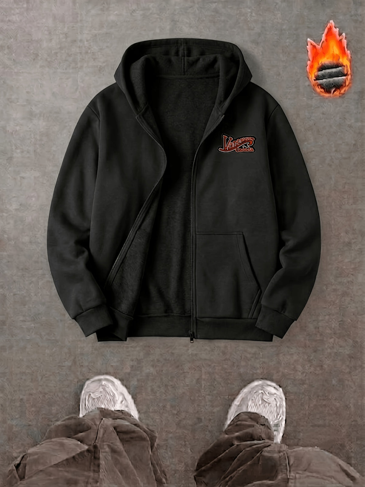 Men's Spring/Autumn Heavyweight Hooded Zip-Up Sweatshirt with Vintage Letter Print, Drawstring Cardigan Jacket, Three-Dimensional Cut with Kangaroo Pocket for a Slimming and Versatile Look, High-End Textured Basic Style for Commuting and Casual Wear - Black