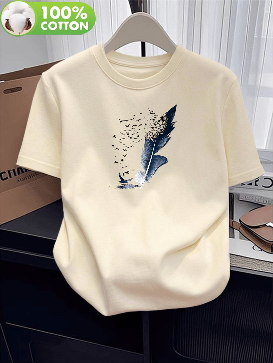 100% Women's T-Shirt, Summer Short-Sleeve Lightweight Top, Trendy and Fashionable Standard Fit, Casual and Versatile, Breathable and Comfortable, Pattern with Flying Bird Elements, Simple, Elegant, and Full of Personality - Apricot