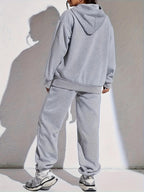 Printed Women's Casual Sports Suit, Warm Long Sleeve with Drawstring Kangaroo Pocket, Women's Clothing - Grey